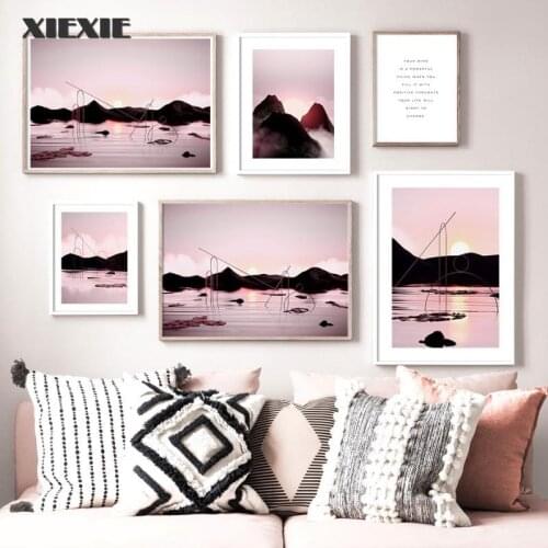 Pink Sun Mountain River Cloud Wall Art Canvas Painting Nordic Posters and Prints Landscape Wall Pictures for Living Room Decor