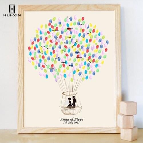Bride and Groom Face TO Face in Beautiful Hot Air Balloon Free Customized DIY Fingerprint Guestbook for Wedding Party Decor