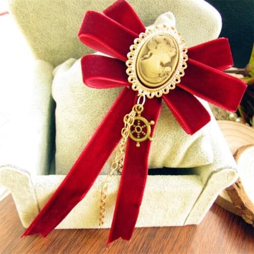 New Elegant Woman Brooches Pins Vintage Long Ribbon Bowknot Tassel Link Beauty Head Corsage Fashion Jewelry