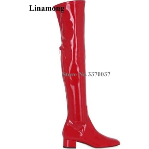 New Fashion Women Winter Slim Patent Leather Red Black Over Knee Low Heel Boots Back Zipper-up Long Chunky Heel Boots