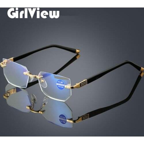 GirlView New Anti-Blue Light Reading Glasses Frameless Trimming Glasses Metal Frame Reading Glasses 100~400