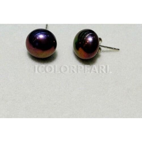 High Luster Special 10mm Semiround Black / Brown Freshwater Pearl Stud Earrings