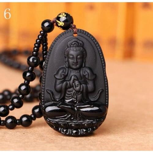 Buddha Black Obsidian Necklace Carved Buddha Lucky Amulet Pendant Necklace For Women Men Long Necklace Chain Jewelry