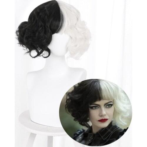 Anime Cruella de Vil Cosplay Wig Deville Dalmations Heat Resistant Short Curly Black White Wigs Ms. Spot Hair Halloween Carnival