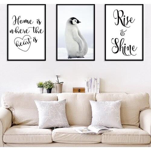Simple Black and White Animal Penguin Poster Family English Canvas Living Room Bedroom Home Decoration Frameless Painting Core