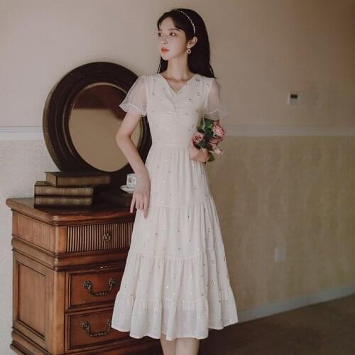 French Gentle Wind Romantic Sequined Fairy Dress Mesh Puff Sleeve V-neck Sweet Elegant Party Dress Vestido Summer