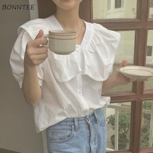 Shirts Women Solid Loose Leisure Peter Pan Collar Fashionabel Chic Puff Short Sleeve Korean Version Elegant Plain All-match Tops