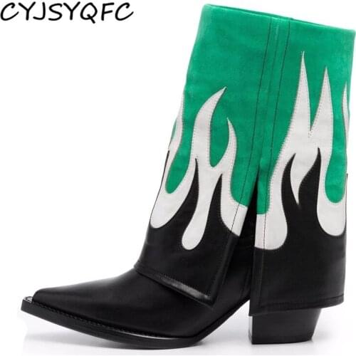 CYJSYQFC Autumn Winter New Printing Western Cowboy Boots For Women V-mouth Color Matching Real Leather High Heels Knight Boots