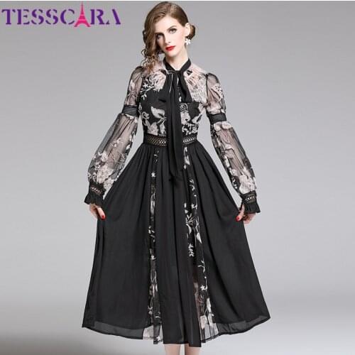 TESSCARA Women Luxury Embroidery Mesh Dress Festa Female Cocktail Party Robe High Quality Neck Ostrich Feather Designer Vestidos