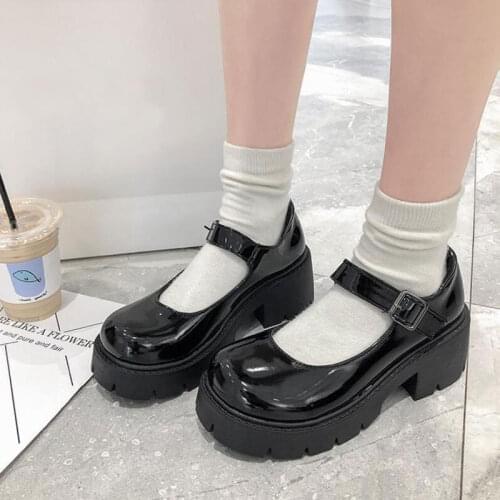 2021 Black Lolita Shoes Women High Heel Platform Mary Jane Shoes Spring Autumn Vintage Girl College Student Patent Leather Pumps