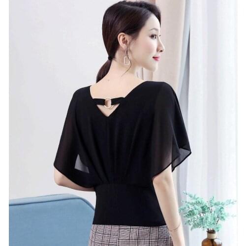 Women Spring Summer Style Chiffon Blouses Shirts Lady Casual Short Flare Sleeve V-Neck Blusas Tops ZZ0733