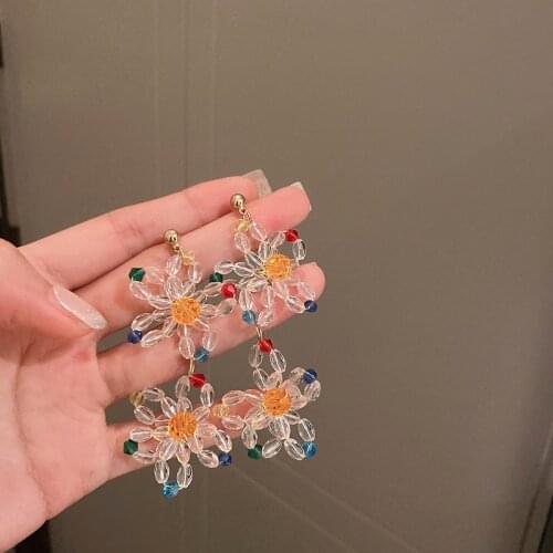 VSnow Summer Sweet Candy Color Crystal Beads Flower Dangle Earring for Women Hollow Long Transparent Earring Jewelry Pendientes
