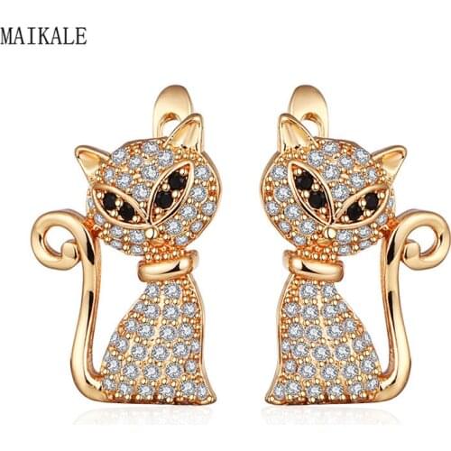 MAIKALE Fine Jewelry Cat Shape Zirconia Stud Earrings Black Austrian Crystal Gold Silver Color Animal Earrings for Women Gifts
