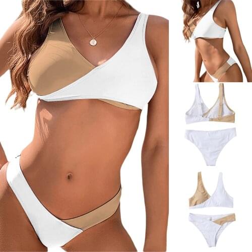 2Pcs Women Summer Bikini Contrast Color Cross V-Neck Padded Tops Low-Waist Briefs Swimsuit 4 Colors