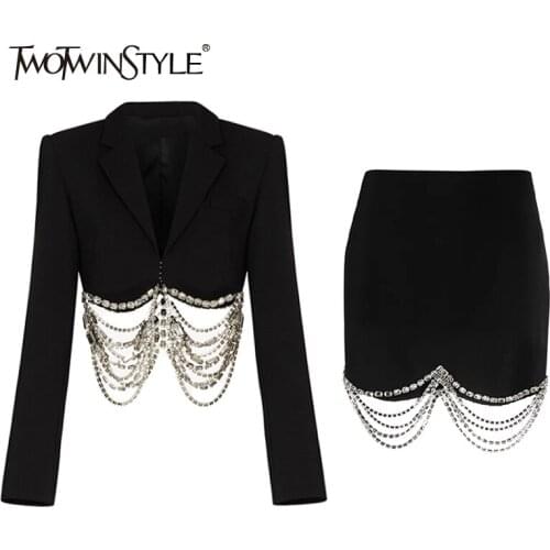 TWOTWINSTYLE Black Patchwork Chains Two Piece Set Women Notched Long Sleeve Short Blazer High Waist Mini Skirt Womens Suit 2021