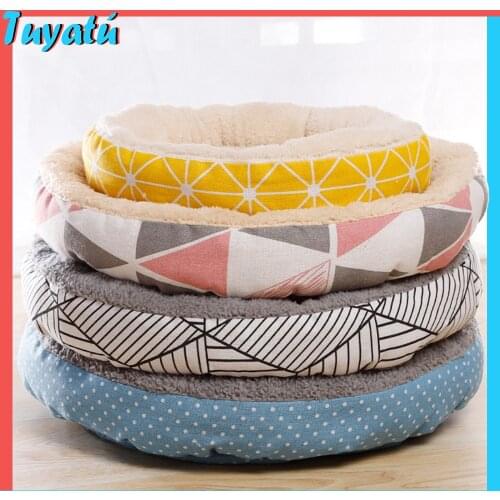 Winter Warm Fluffy Dog Beds Mat Cotton Soft Dog Kennel Sofa Canvas Round Pet Dog Bed for Small Dogs Cat House Pug French Bulldog