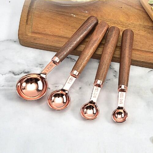 4pcs/Set Measuring Spoon Wooden Handle Stainless Steel Measuring Spoons Coffee Bartending Scale Scoop Kitchen Bar Baking Tool