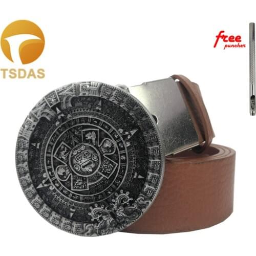 Aztec Calendar Circle Belt Buckle with Silver Plating Western Round Belt Buckle with PU Belt Drop Ship