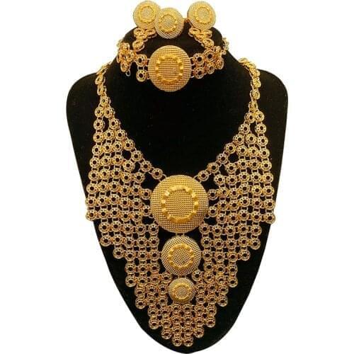 Arab Dubai Jewelry Sets For Women Gold Earrings Ring Set Necklace African Bridal Bracelet Wedding accessories Gift