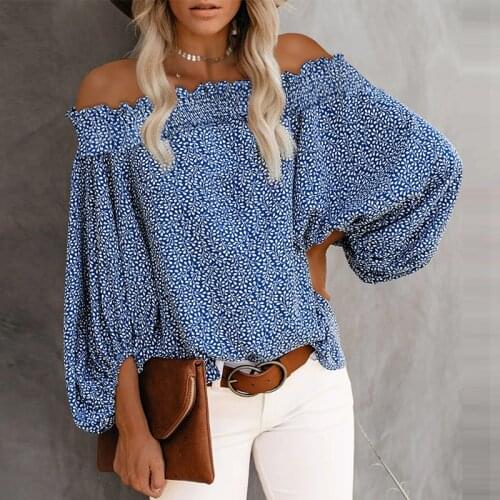 Off Shoulder Floral Shirt Blouse Women Long Sleeve Chiffon Top Chic Printed Pullover 2021 Early Autumn Ruffles Slash Neck Shirts