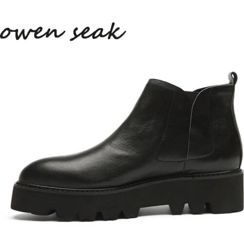 Owen Seak Men Chelsea Boots Genuine Leather High-TOP Ankle Heighten Luxury Trainers Casual High Street Flats Autumn Winter Shoes