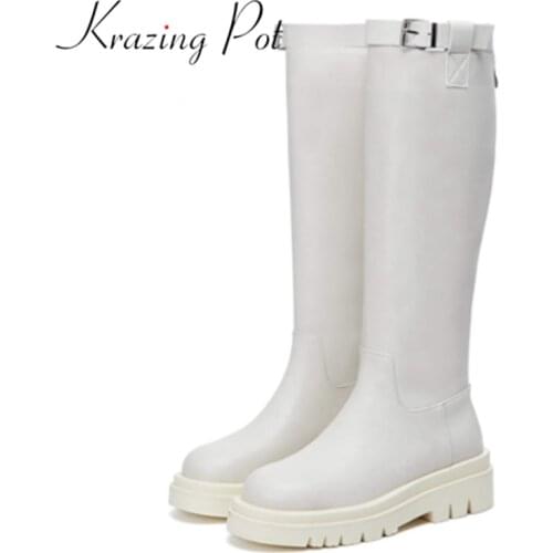 Krazing pot genuine leather round toe riding boots med heels mature handsome British modern catwalk superstar knee-high boots