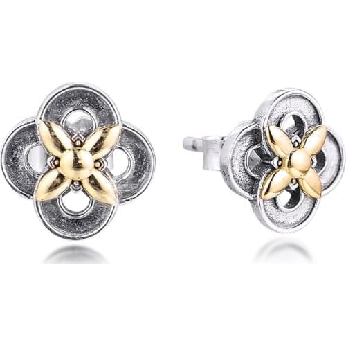 CKK Two-tone Flower Stud Earring Sterling Silver Jewelry 100% 925 Silver Women Brincos Pendientes Aretes