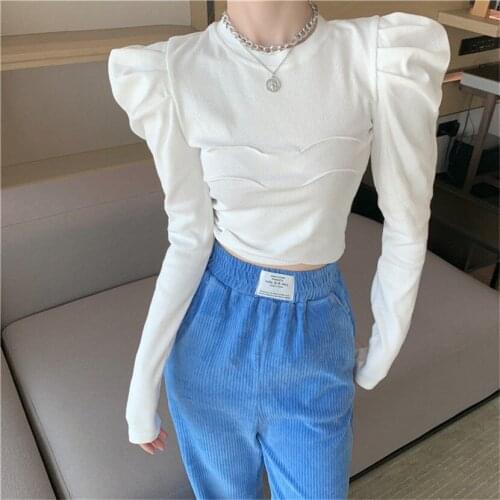 Round Neck Bubble Sleeve Long Sleeve T-shirt Women Tshirt Slim In Autumn And Winter With Short Bottomed Plain T Shirt Vogue Tees
