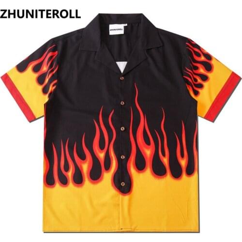 Yellow Flame Print Men Hawaiian Shirt 2021 Hip Hop Fashion Shirt Streetwear Shirt Harajuku Beach Shirt Summer Short Sleeve Tops