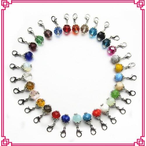 Hot selling mix 30 color crystal dangle charms with lobster clasp charms fit glass pendant floating lockets necklace