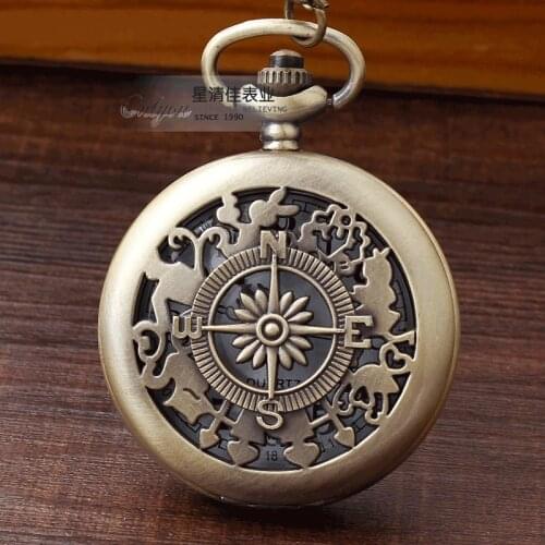 Alice in Wonderland Quartz Pocket Watch East South West North Letter Words Skeleton Pendant Necklace Chain Women Men Unisex Gift