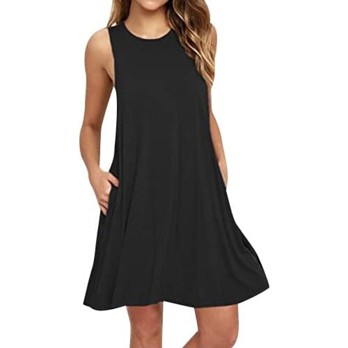 Summer Casual Dress Women Casual Solid Color O-neck Pockets Sleeveless Above Knee Tank Dress Summer Beach Mini Dress