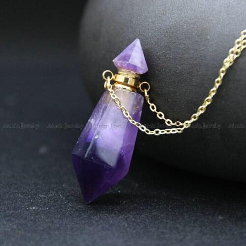 Natural Purple Amethyst Hexagon Double Pointed Shape Perfume Bottle Pendant Necklace For Women Jewelry 5pcs
