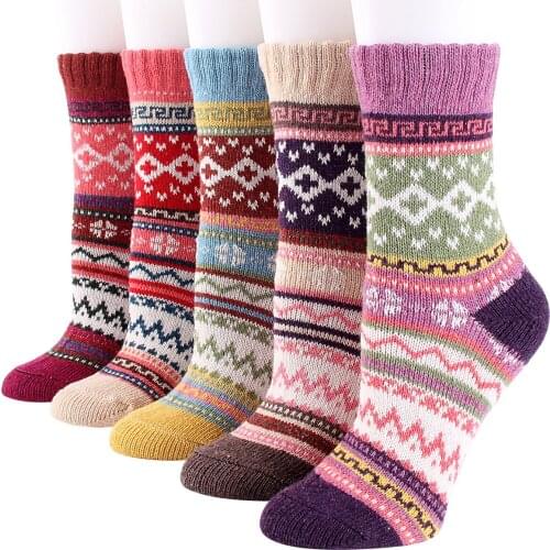 5 Pairs Colorful Men Boot Socks Vintage Womens Winter Soft Warm Thick Cold Knit Wool Crew Socks Size 36-48