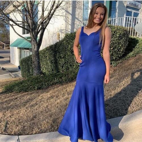 Simple Royal Blue Evening Dresses V-neck Mermaid Style 2020 Cheap Long Women Formal Evening Party Dresses Backless vestido longo