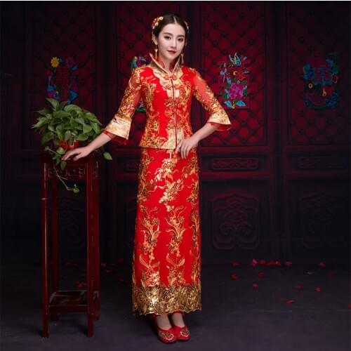 China Traditional Show clothes Flower Top gown wedding bride evening dress chinese style costume cheongsam Canton Embroidery