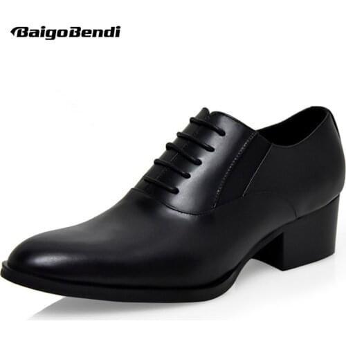 Hight End Full Grain Leather Men Lace Up High Heel Shoes Man Thick Heel Black Formal Dress Height Increasing Heighten Shoes