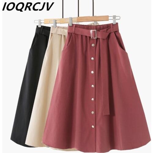 New Women Skirt 2019 Spring Autumn Pocket Single-Breaste Button Nature Waist A-Line Skirt Belt Solid Casual Long Skirt Ladies