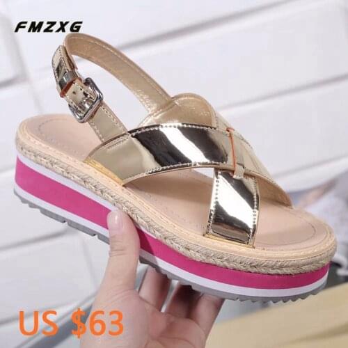 FMZXG Women Platform Shoes Wedges Sandals Fashion Patent Leathe Designer Summer Shoes Woman Luxury Brand 2018 Flats Sandals