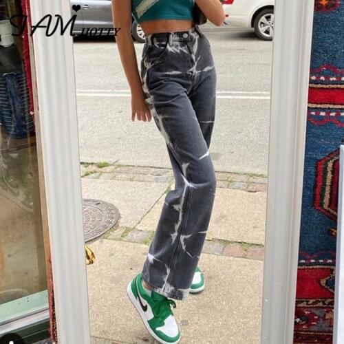 Grey Brown Aesthetic High Waist Womens Straight Jeans Harajuku Baggy Tie Dye Print Casual Mom Denim Trouser Streetwear Iamhotty