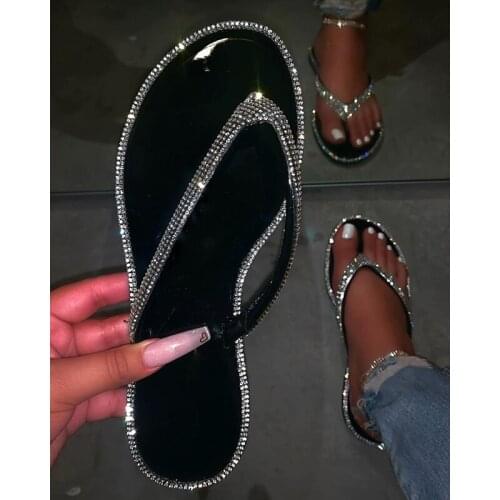 2020 Womens Sexy Slippers Handmade Rhinestone Bling Sandals Comfortable Flat Bottom Outdoor Beach Female Shoes Plus Size 34-43