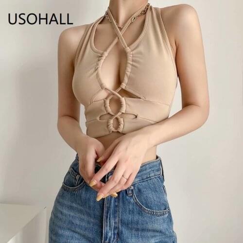 USOHALL New Sexy Bandage Short Tank Tops Summer Women Neck-Mounted Hollow Out Backless Crop Top