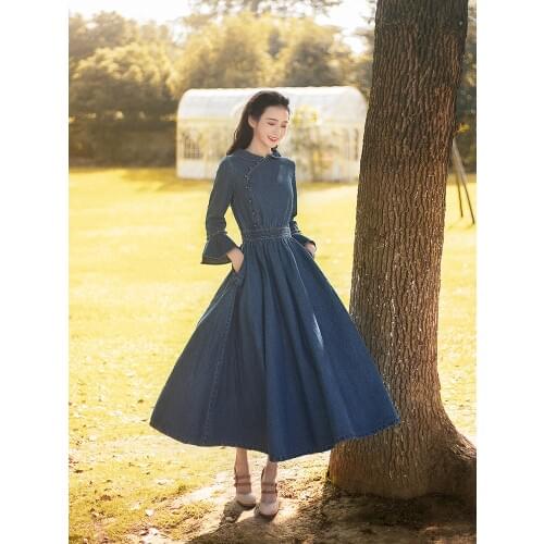 Free Shiping 2020 New Boshow Women Vintage Denim Long Mid-calf Flare Sleeve Peter Pen Collar Dresses Spring And Autumn S-L