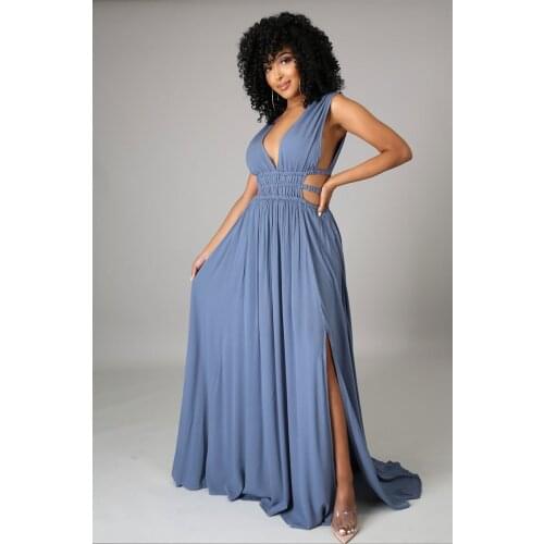 2021 Best Quality Famous Brand Women Dress Solid Color V Neck Hollow Out