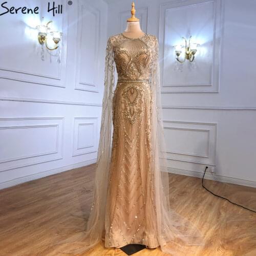 Serene Hill Gold Elegant Mermaid Evening Dress 2021 Luxury With Cape Sleeves Beading Women Formal Party Wear Gown CLA70970