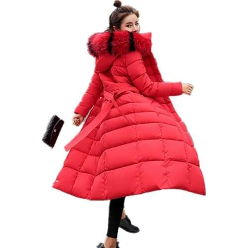 Winter new style padded over-the-knee coat hooded ladies padded long coat with big fur collar slim fit h00200