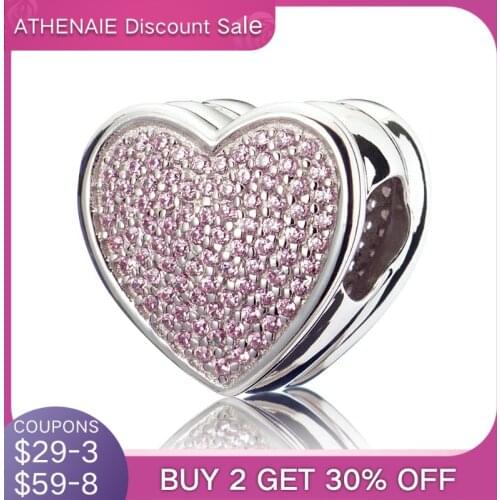 ATHENAIE Genuine 925 Silver with Pave Pink CZ Heart-shaped to My Miss Charm Beads Fit All European Bracelets Necklace Color Pink