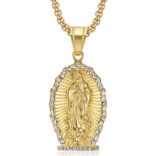 Hip Hop Iced Out Virgin Mary Pendant & Chains Gold Color Stainless Steel Necklaces For Men Women Christian Jewelry Dropshipping