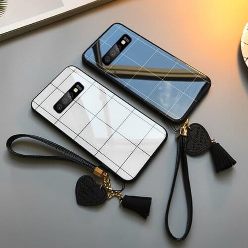 For Samsung S10 Plus S10e note 10 Pro Case Free strap Lattice Line Glossy Hard Glass Cover For Samsung s10 Lite Note 8 9 Casing