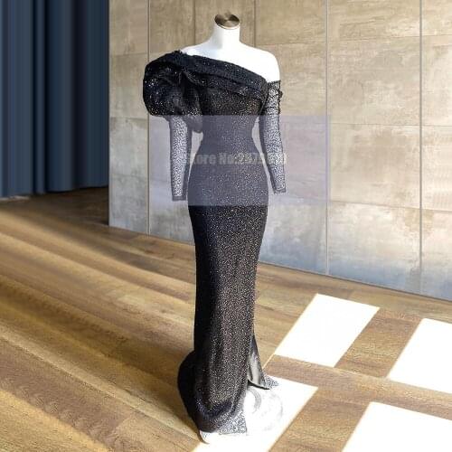 Boat Neck Black Mermaid Evening Dress Floor-Length Long Sleeves Vestido de festa Slit Prom Dress Celebrity Dress 2020 Dubai
